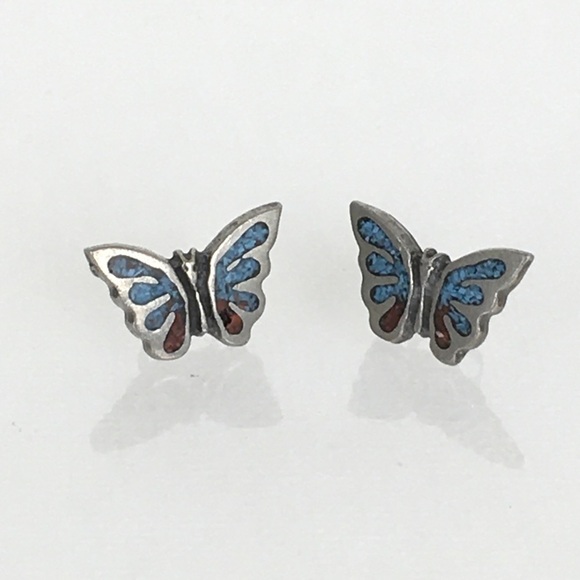 Vintage 80’s Turquoise Butterfly Stud Earrings Chip Inlay Boho Western Retro - Picture 11 of 11
